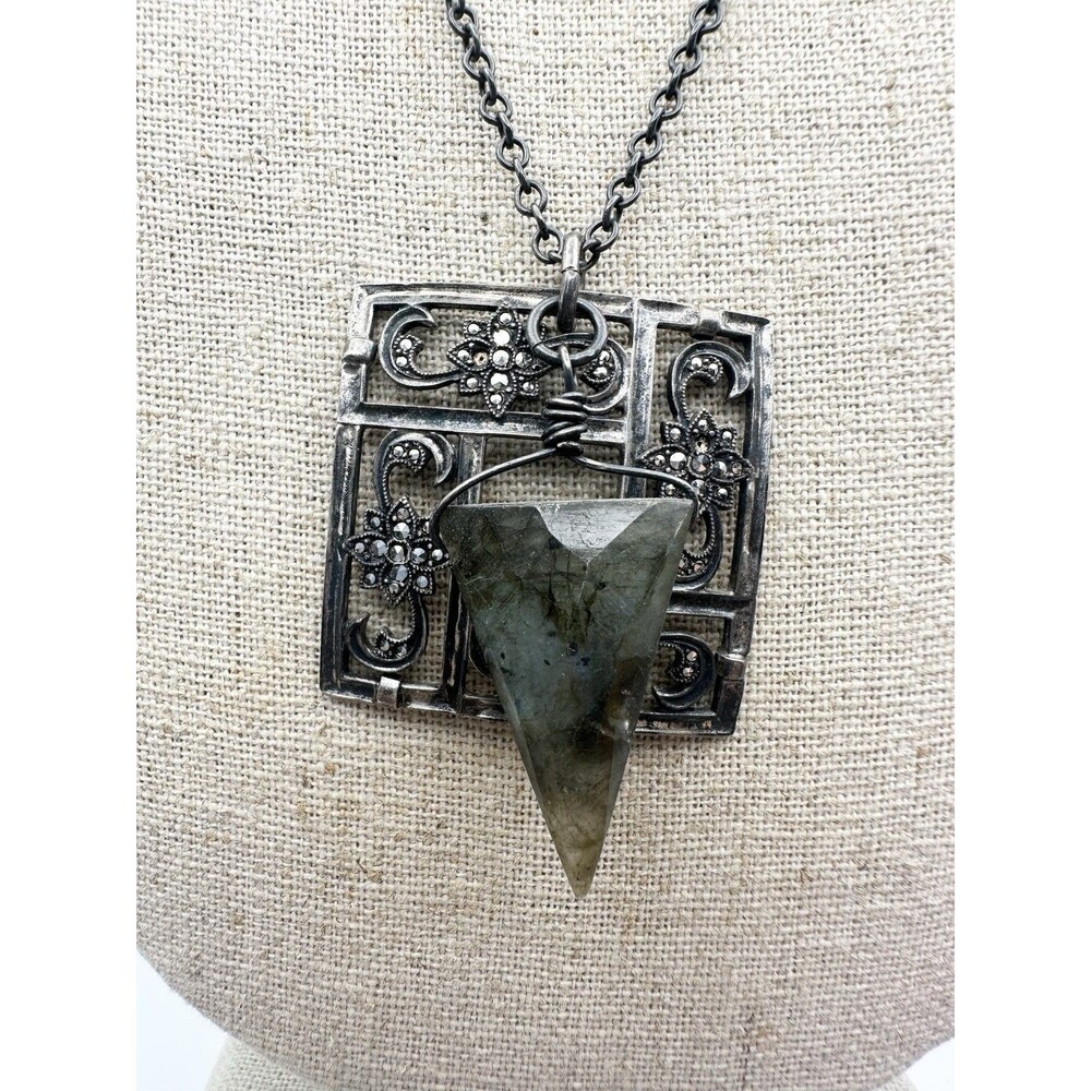 925 Sterling Silver Filigree Marcasite Pendant Labradorite Necklace 18”